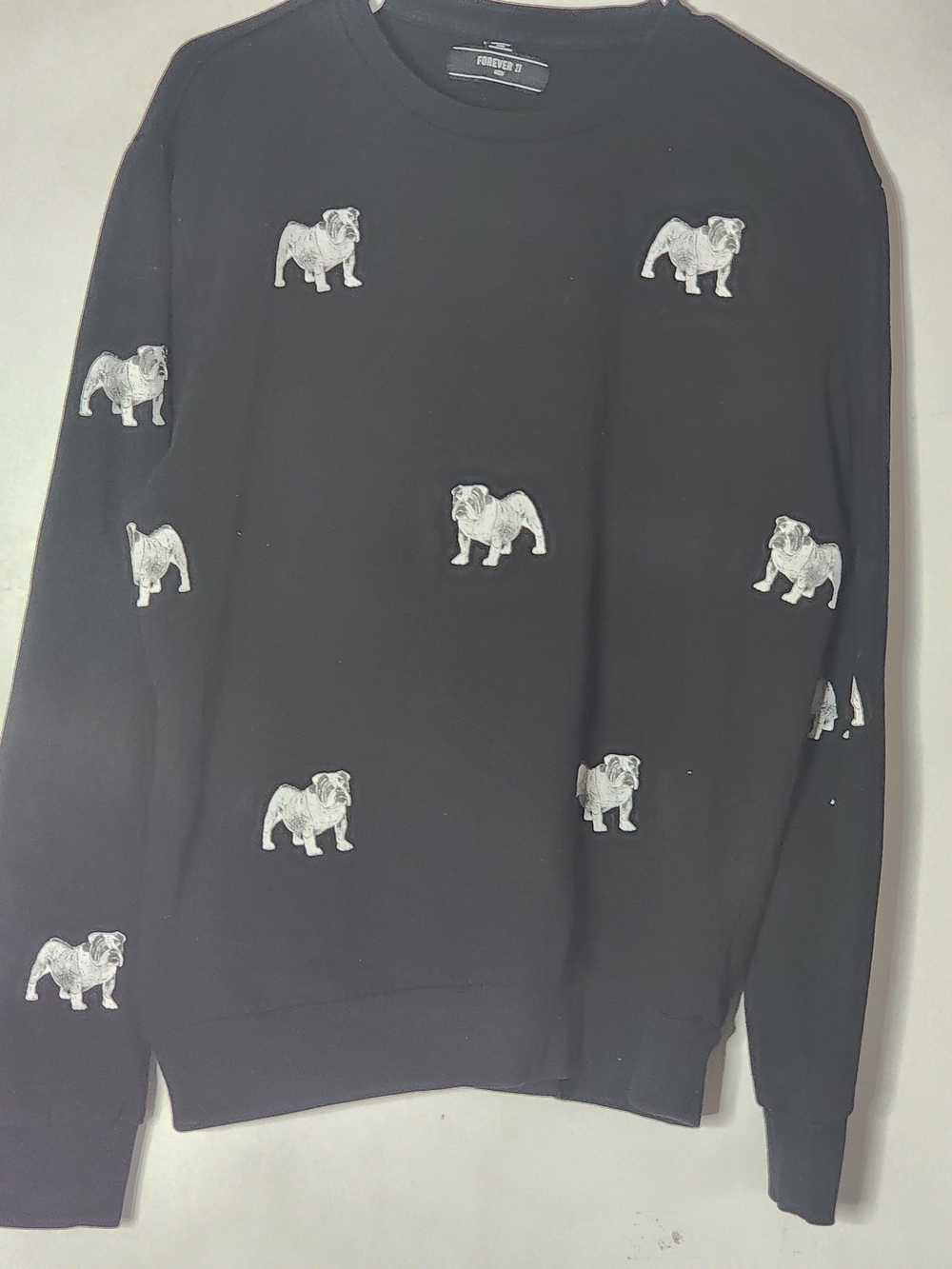 Forever 21 Black Crewneck Sweater with White Bulldog Embroidery